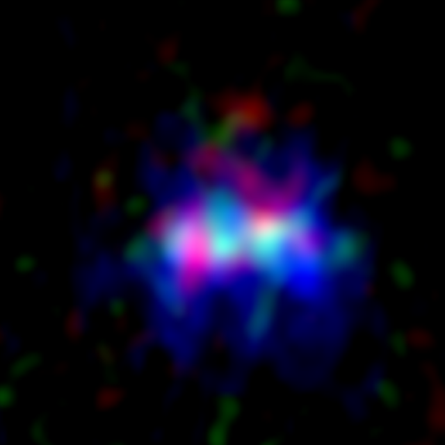 La imagen de ALMA de la galaxia MACS0416_Y1 ubicada a 13.2 millones de años luz de distancia, albergando la nebulosa oscura más lejana de la historia. Crédito: ALMA (ESO/NAOJ/NRAO), Y. Tamura et al.