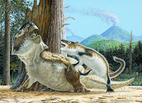 El dinosaurio Psittacosaurus atacado por el mamífero Repenomamus robustus