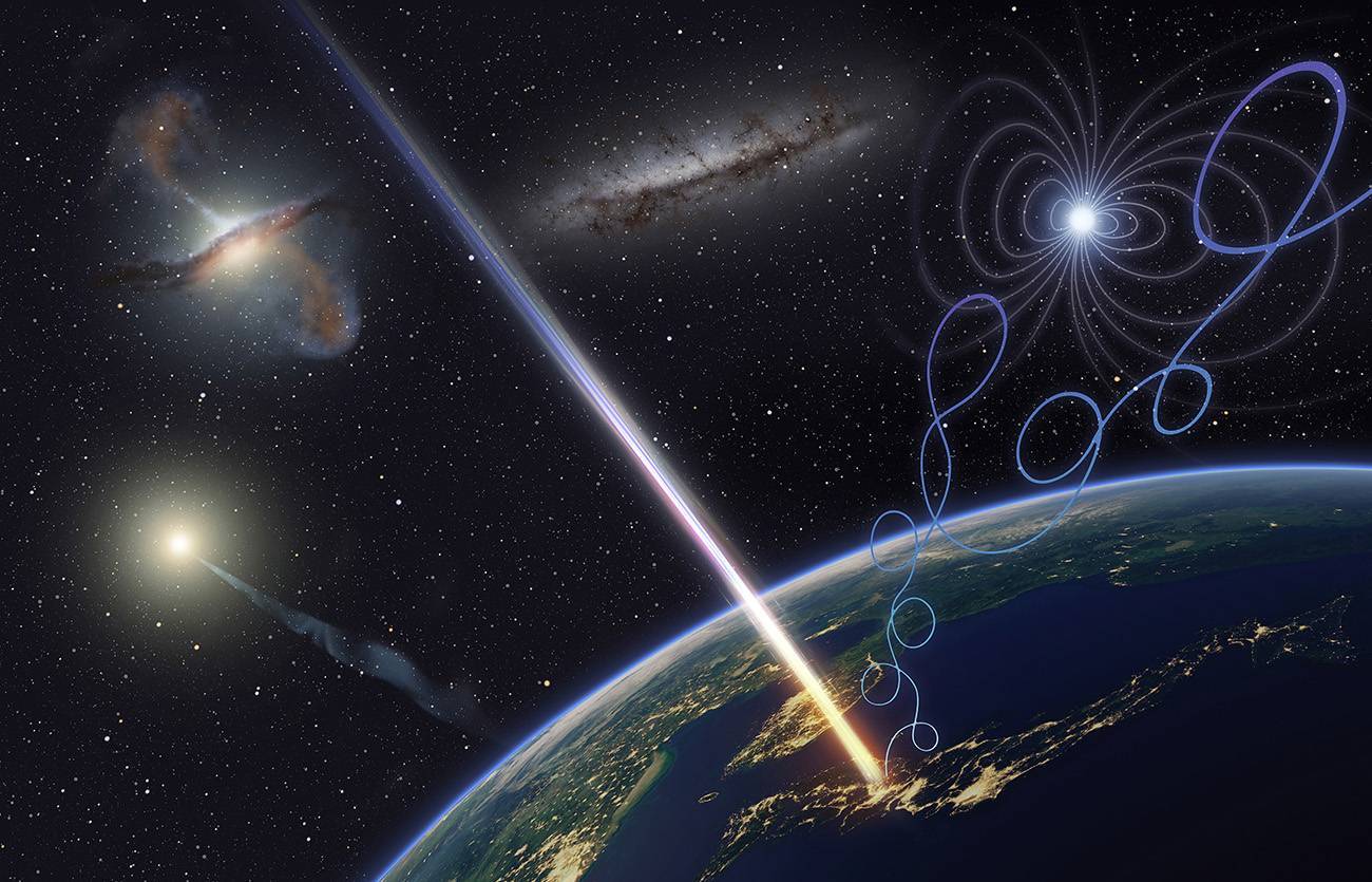 Recreación artística de un rayo cósmico de ultra alta energía llegando a la Tierra. / Osaka Metropolitan University/L-INSIGHT, Kyoto University/Ryuunosuke Takeshige