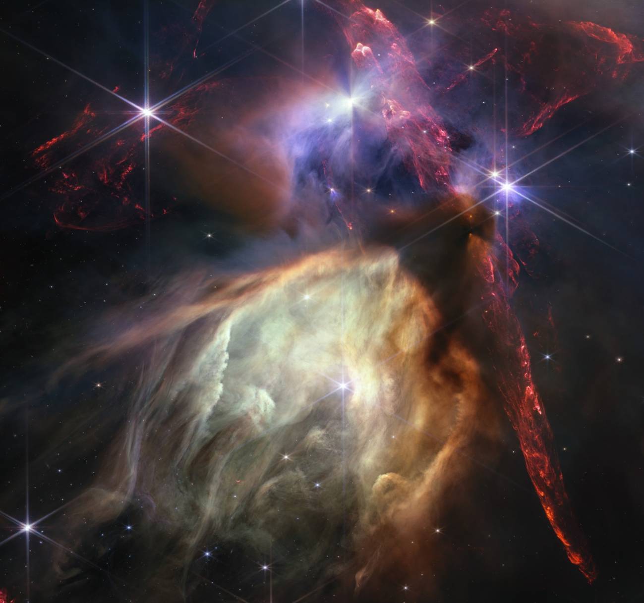 Imagen del complejo de nubes Rho Ophiuchi, la región de formación estelar más cercanaa la Tierra. Este estudio revela que estas estrellas recién nacidas no han comenzado a separarse ya que la nube progenitora todavía las mantiene unidas. / NASA, ESA, CSA, STScI / Klaus Pontoppidan (STScI)