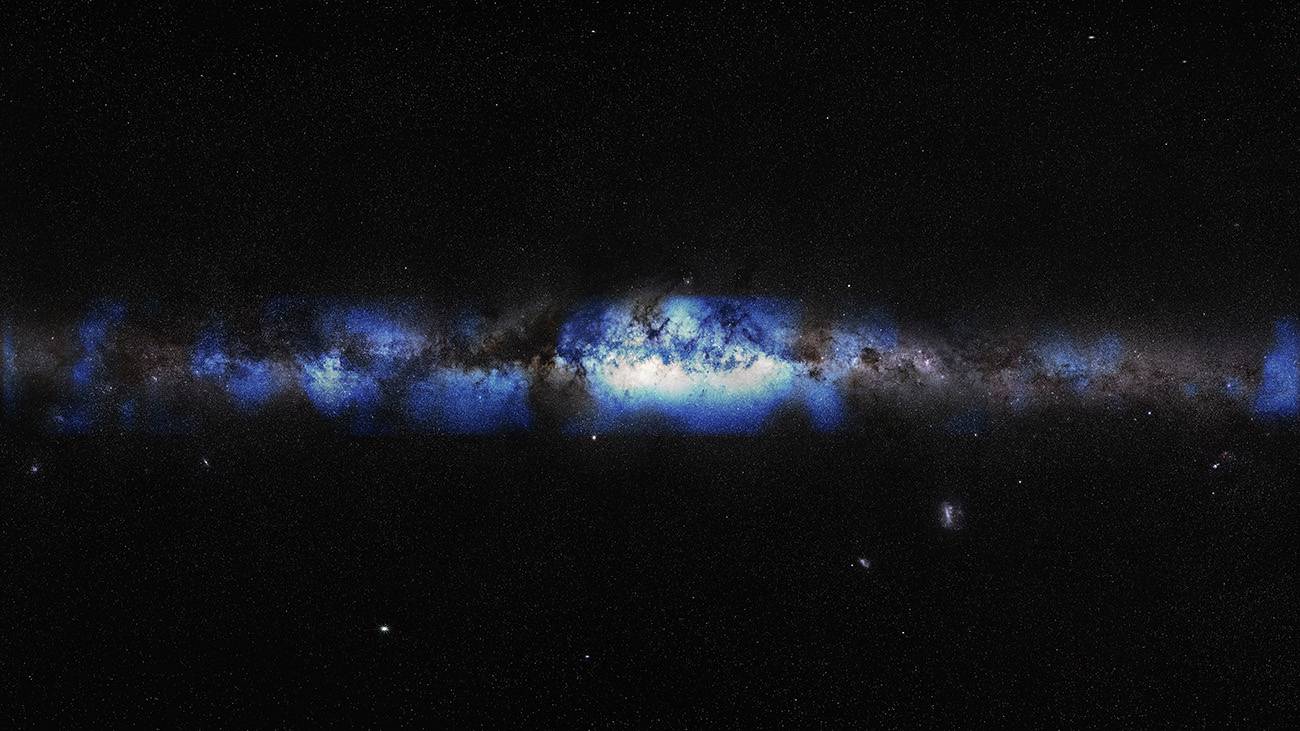 Ilustración de la Vía Láctea vista con una 'lente' de neutrinos (azul). / IceCube Collaboration/U.S. National Science Foundation (Lily Le & Shawn Johnson)/ ESO (S. Brunier)