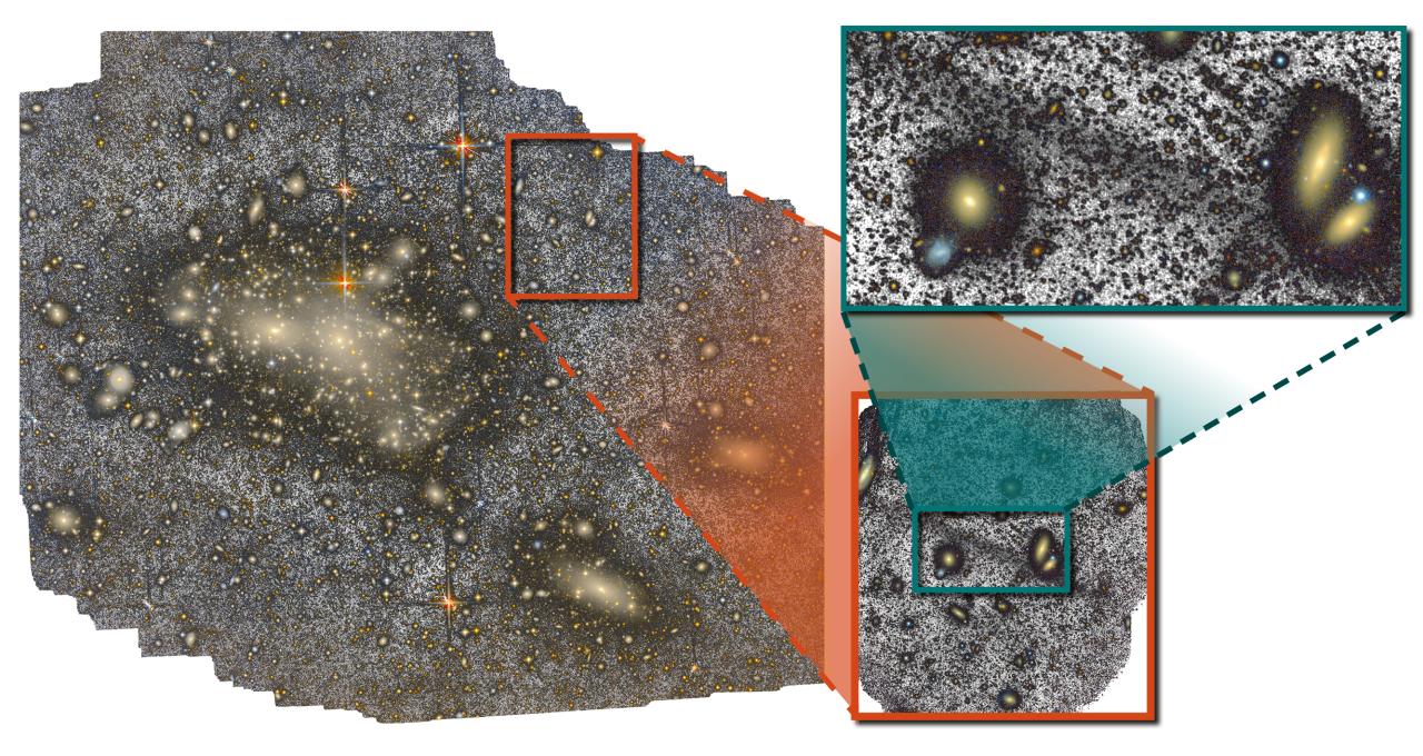 Imágenes obtenidas con los telescopios Jeanne Rich (HERON) y William Herschel (WHT) en las que se aprecian la denominada ‘corriente gigante de Coma’, una corriente estelar (línea oscura) diez veces más larga que la Vía Láctea y que se extiende entre galaxias (a color) a unos 300 millones de años luz. Crédito: HERON/ WHT/ Román et al. Diseño: Inés Bonet (IAC)