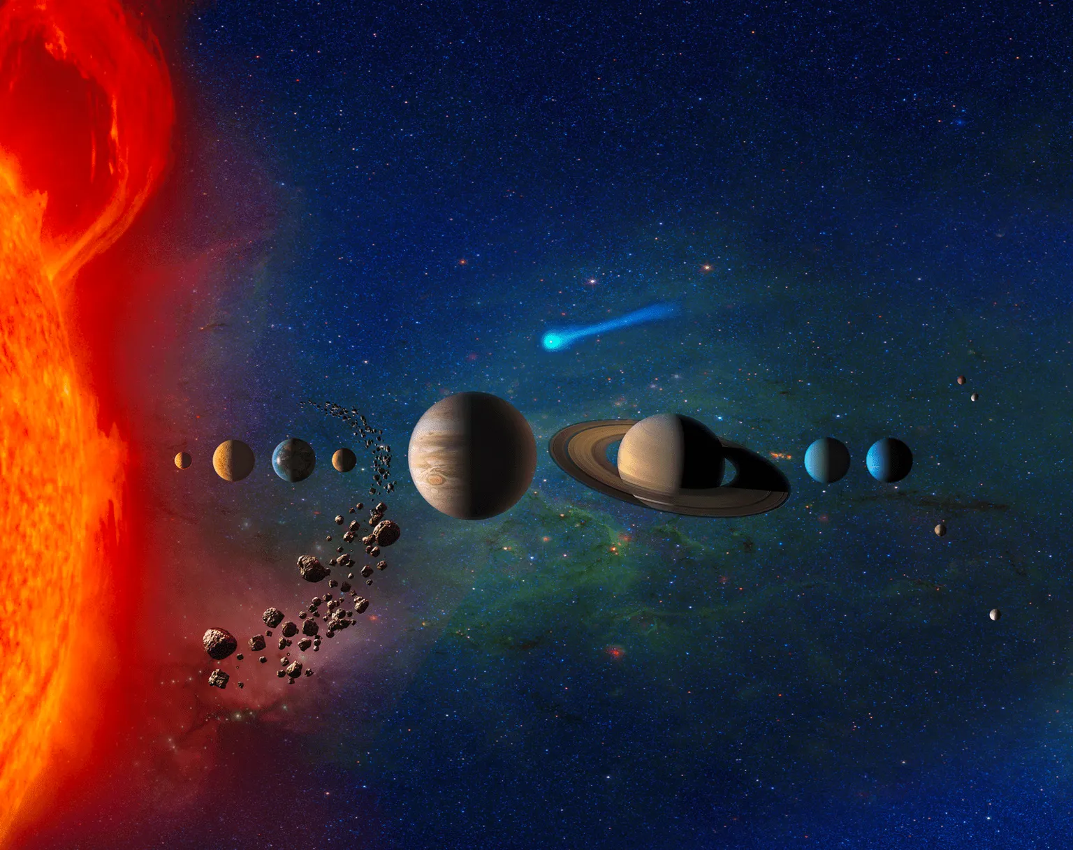 Una ilustración de nuestro sistema solar. Los planetas y otros objetos no están a escala. Créditos: NASA