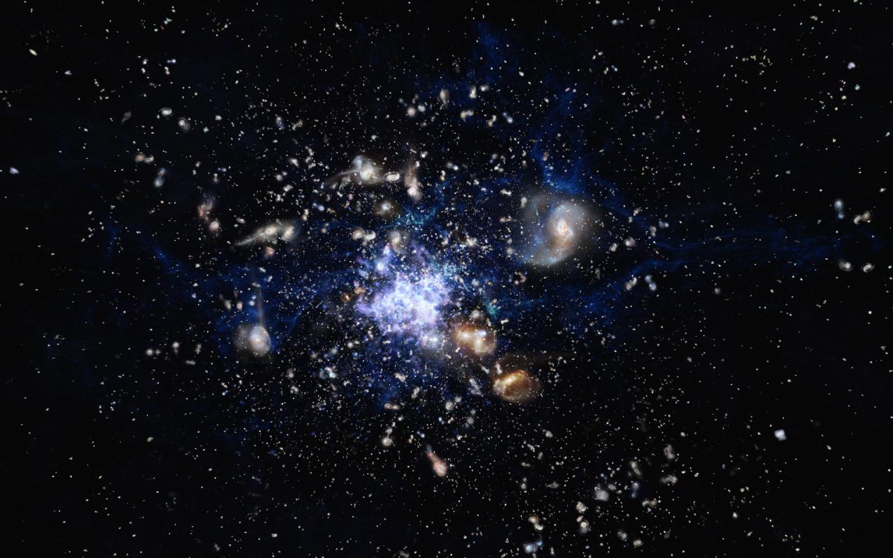 Recreación artística de un protocúmulo de galaxias en el Universo primitivo donde se aprecian galaxias formando nuevas estrellas e interactúan entre sí. Crédito: ESO/M. Kornmesser