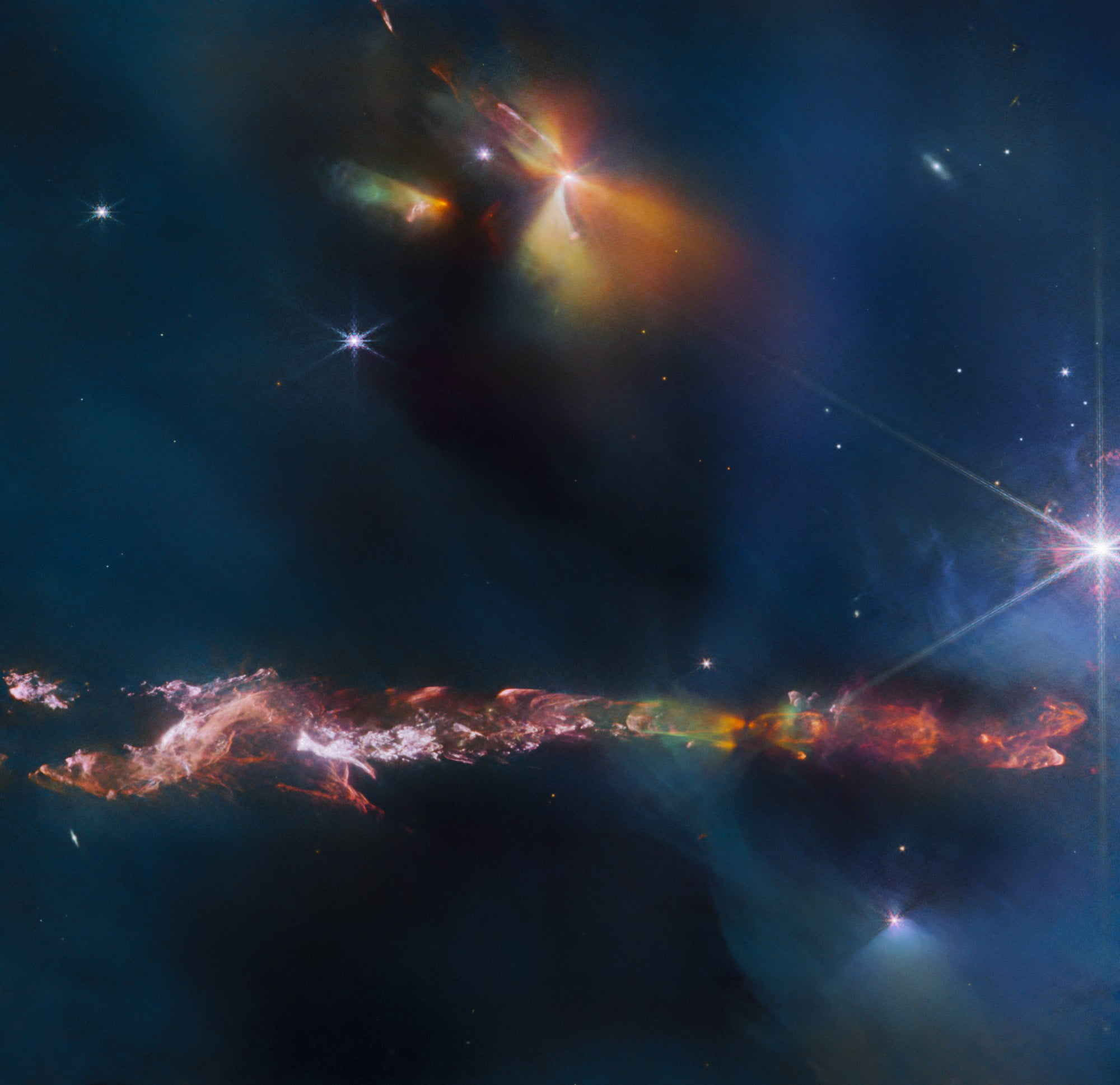 El telescopio espacial James Webb de la NASA/ESA/CSA revela intrincados detalles del objeto Herbig Haro 797 (HH 797). ESA/Webb, NASA Y CSA, T. Ray (Instituto de Estudios Avanzados de Dublín)