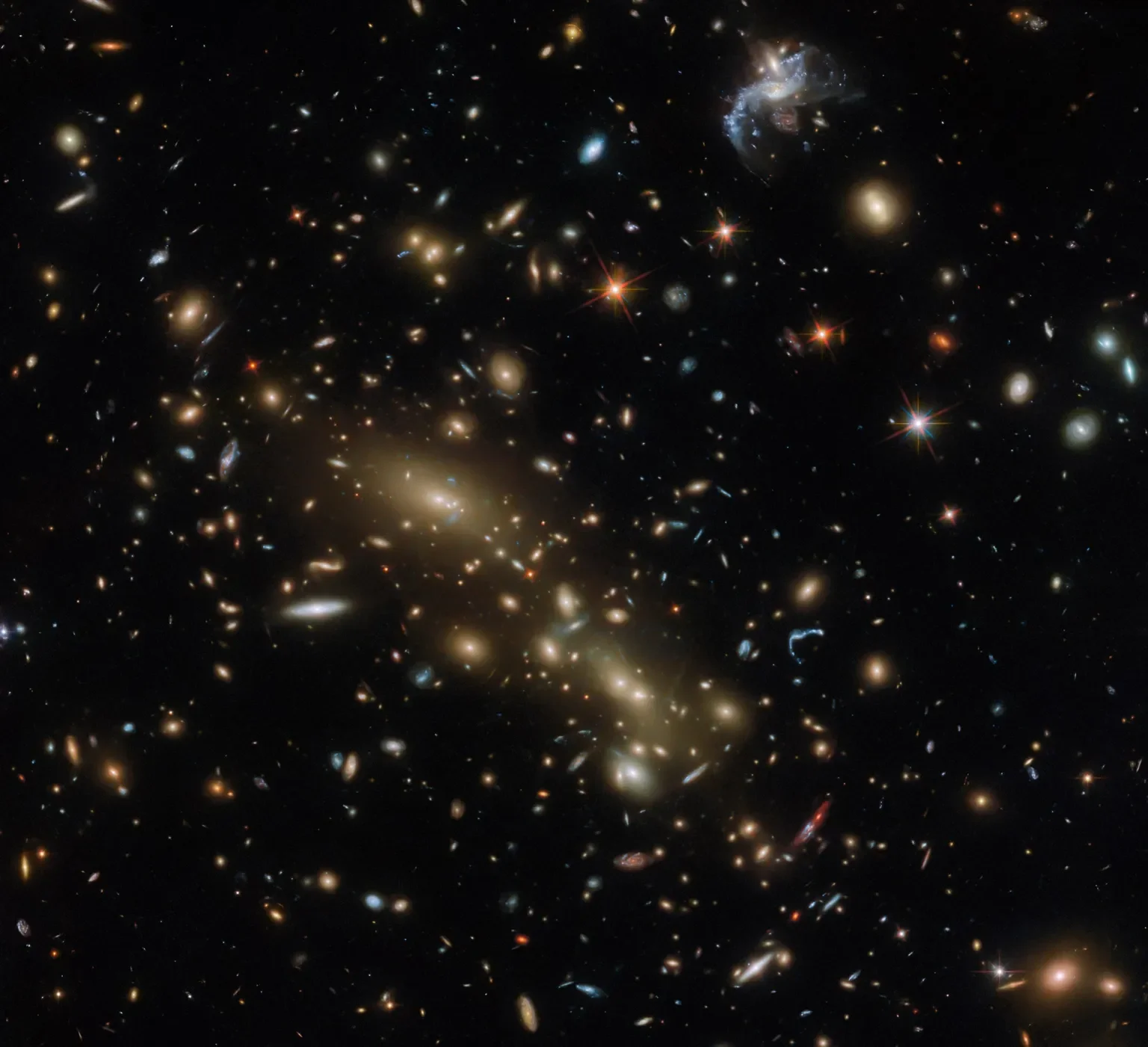 Esta imagen del Telescopio Espacial Hubble de la NASA de Abell 3192 contiene dos cúmulos de galaxias independientes. ESA/Hubble y NASA, G. Smith, H. Ebeling, D. Coe