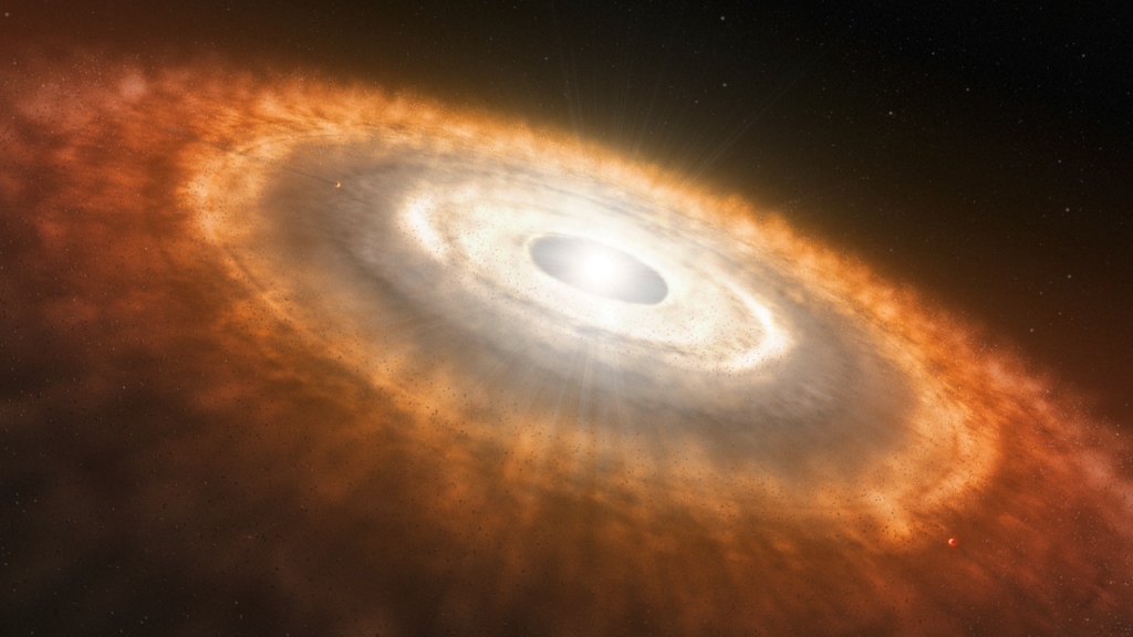 Esta es una impresión artística de una estrella joven rodeada por un disco protoplanetario en el que se están formando planetas.
ESO/L. Calçada
